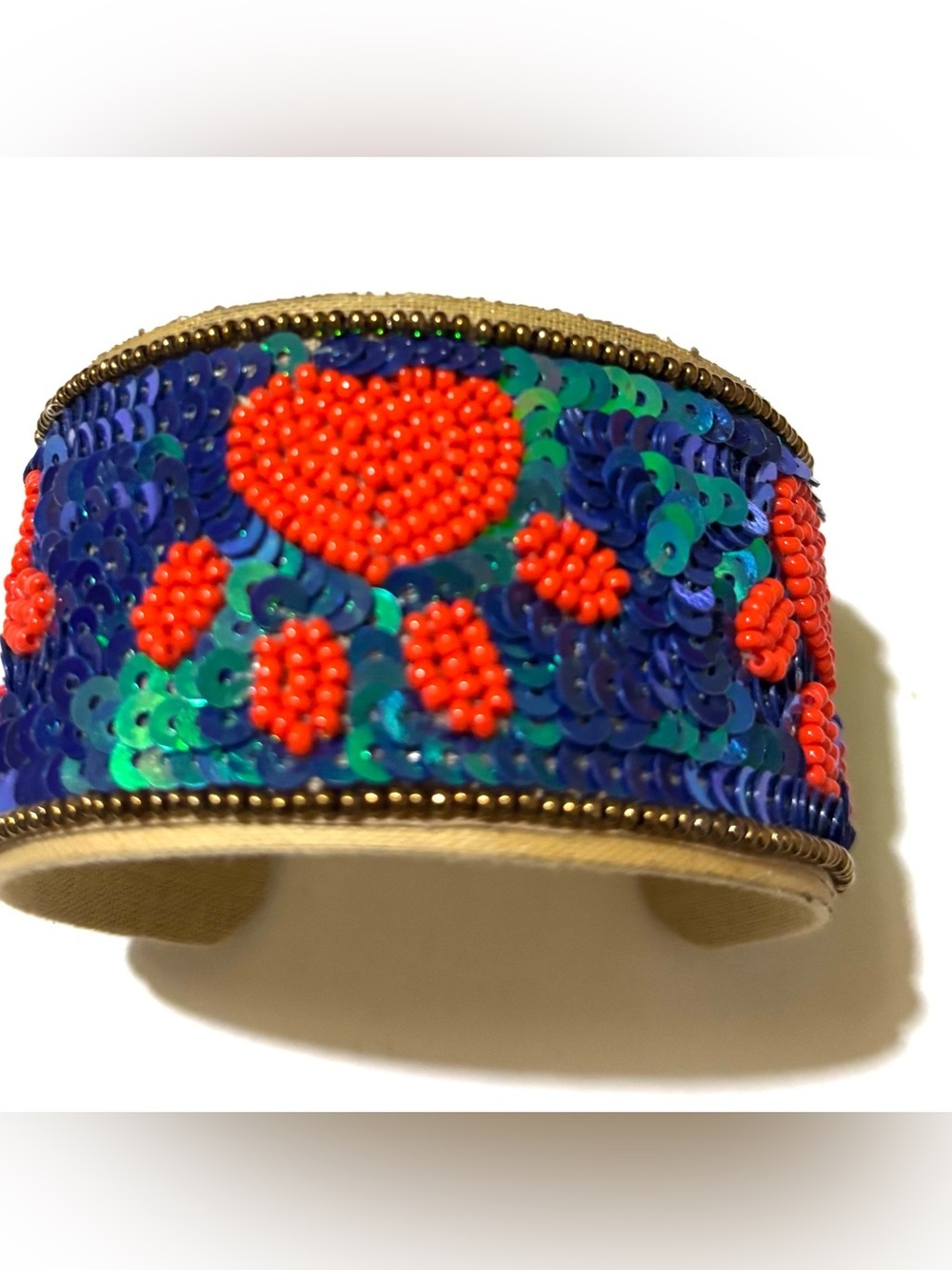 Handcrafted Sequin & Bead Floral Cuff Bracelet - Blue & Red